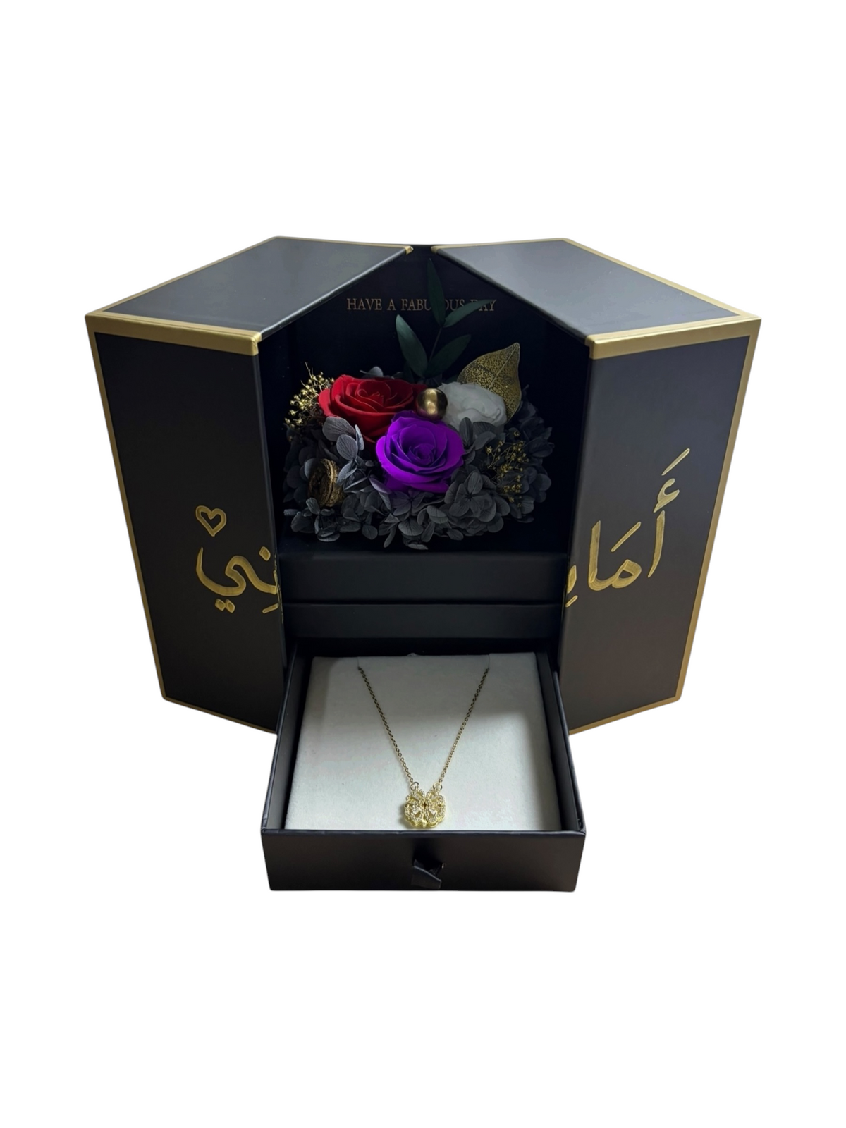 Midnight Unveiled: black and gold double-door box with red, purple and white preserved roses and a jewelry drawer