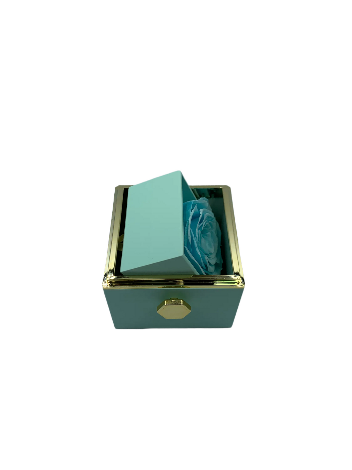 Rotating box turning to reveal a baby blue preserved rose