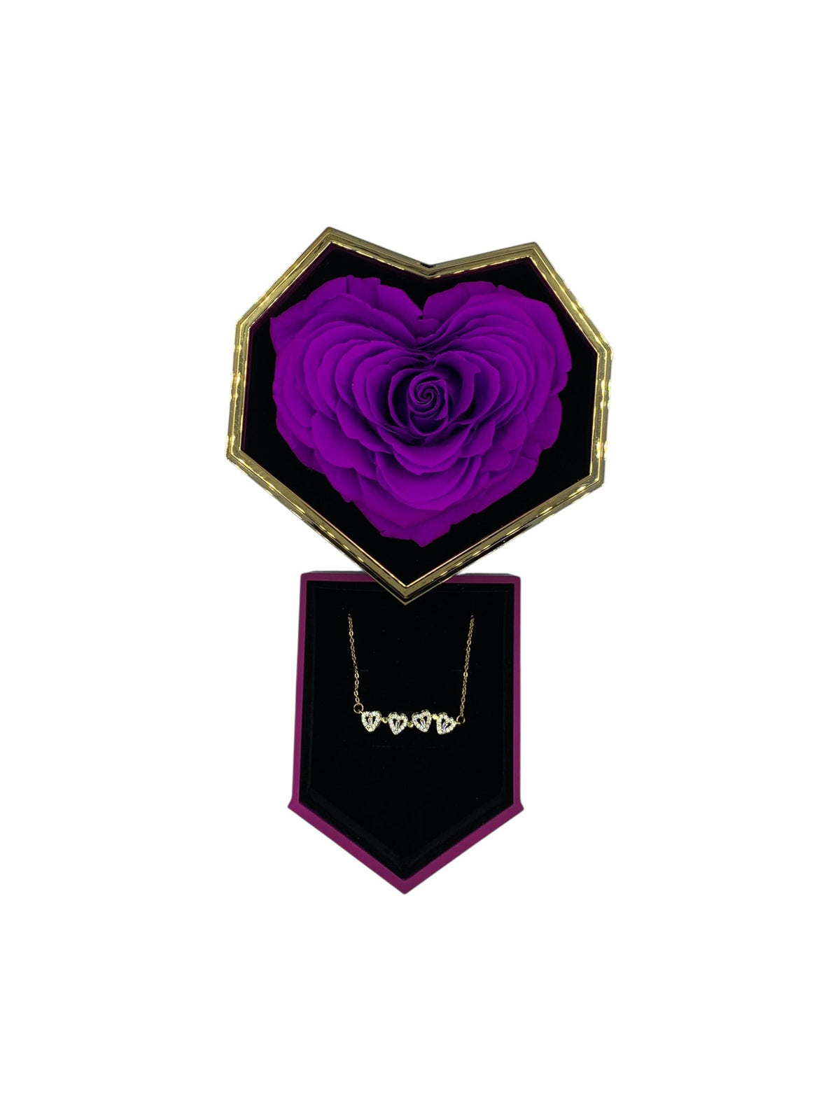Heart box open on an amethyst preserved rose and plated jewelry