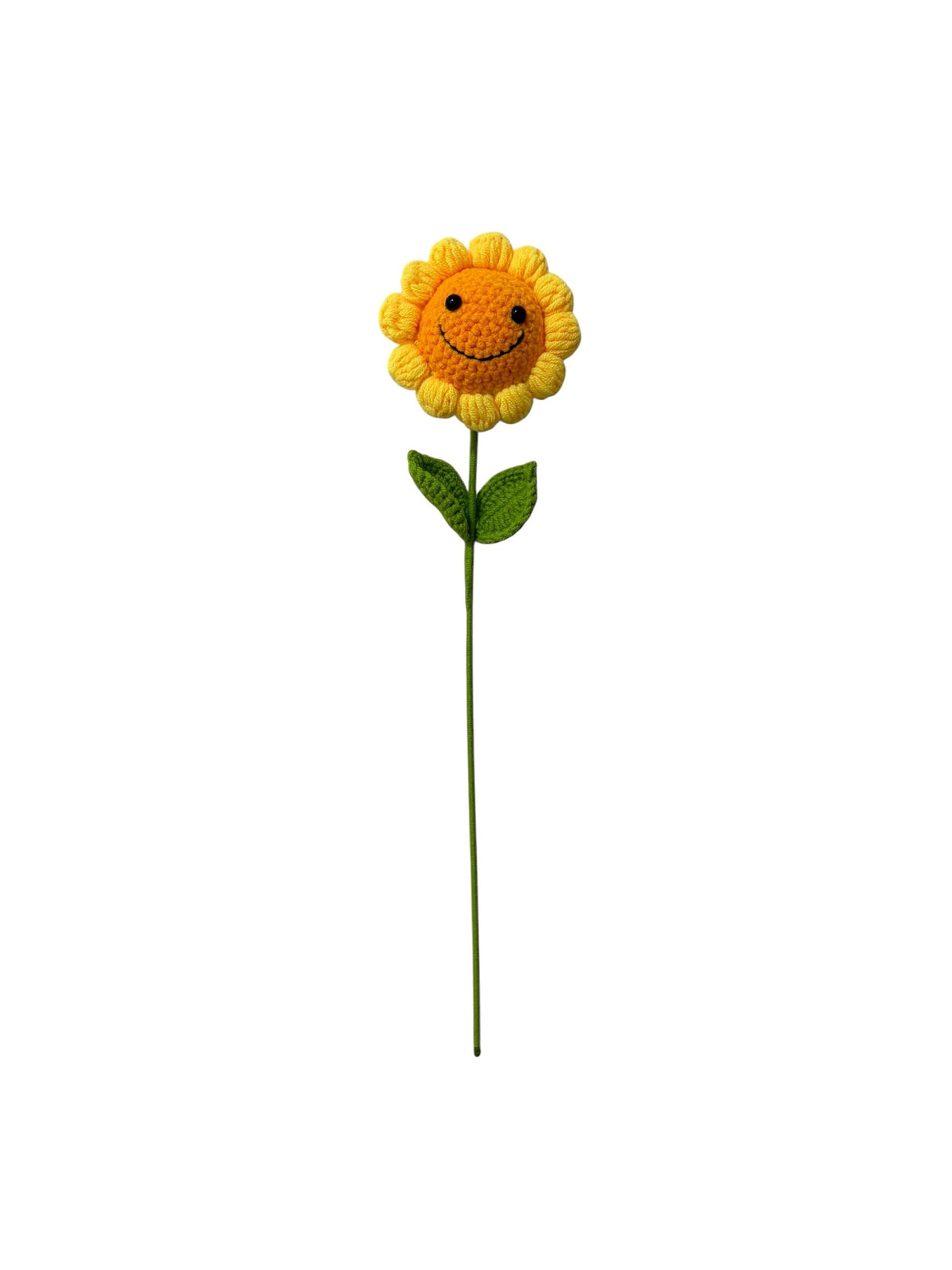 Sunny Stem: a hand-crocheted yellow sunflower with a smiling face on a long green stem