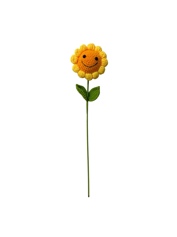 Sunny Stem: a hand-crocheted yellow sunflower with a smiling face on a long green stem
