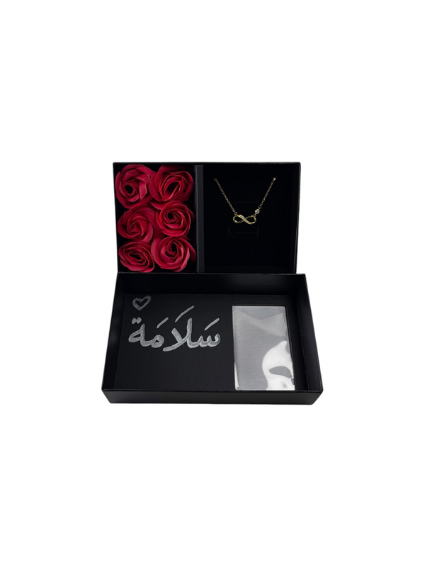 Onyx Rose Devotion: six red preserved roses in a black keepsake gift box with plated stainless steel jewelry