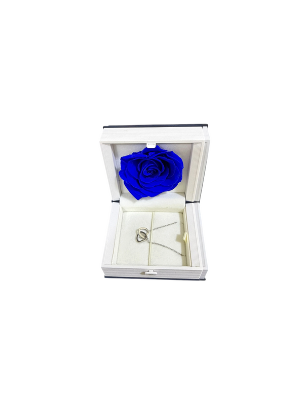 Indigo Promise: book-shaped keepsake box with a blue preserved rose and plated stainless steel jewelry