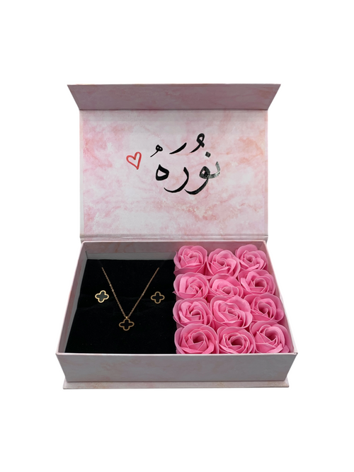 A Dozen in Blush: twelve fragrant pink preserved roses in a blush gift box with jewelry and an engraved name