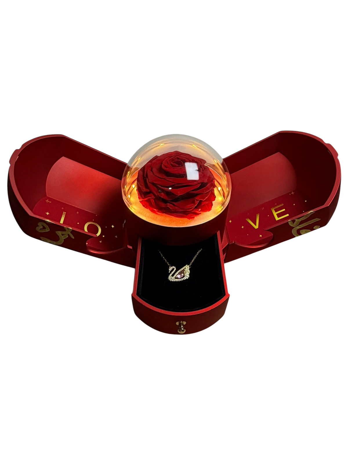 Crimson Confession: deep red fold-open gift box with a lit preserved rose and plated jewelry drawer