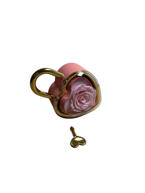 Locked in Pink: pink heart padlock gift box with a preserved pink rose and plated stainless steel jewelry