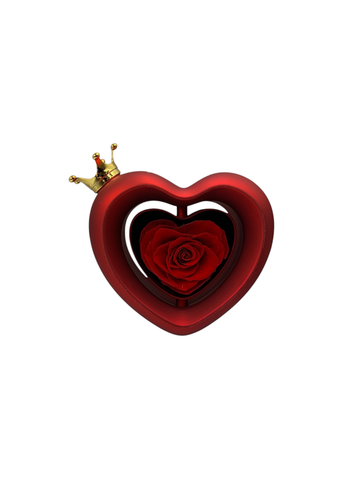 Rotating Heart: matte red heart box with a gold crown, preserved red rose on one side and jewelry on the other