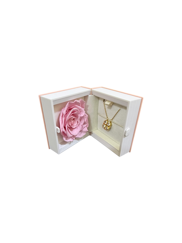 Blush Sonnet: book-shaped keepsake box with a pink preserved rose and plated stainless steel jewelry