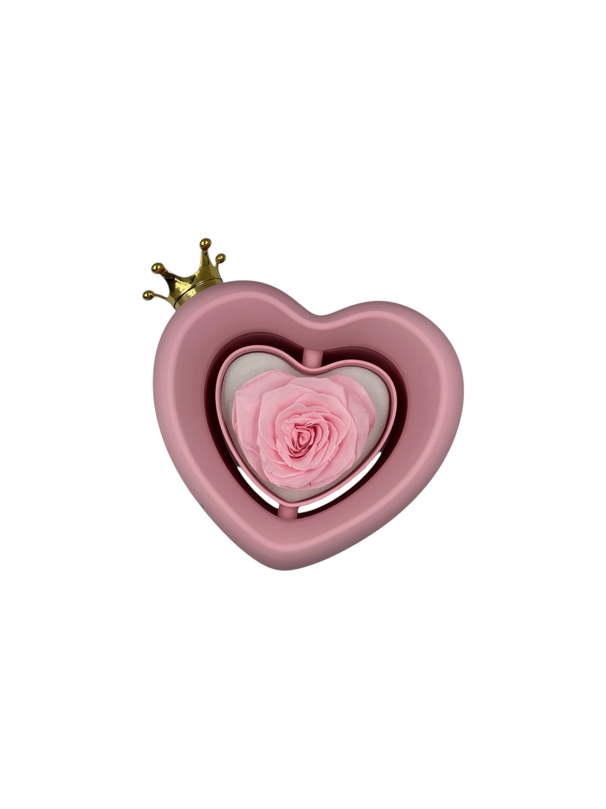 Rotating Heart of Blush: pink heart box with a gold crown, preserved pink rose on one side and jewelry on the other